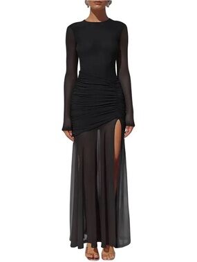 Black Long-Sleeve Ruched Maxi Dress with High Side Slit